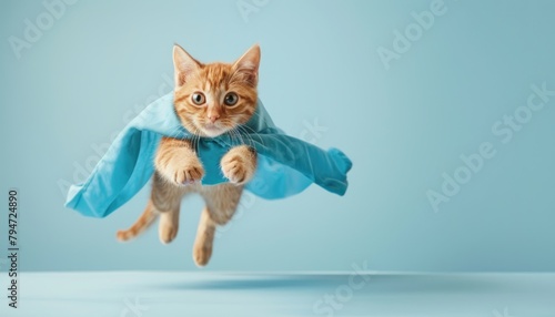 A cat wearing a blue cape and blue mask is flying through the air by AI generated image © chartchai
