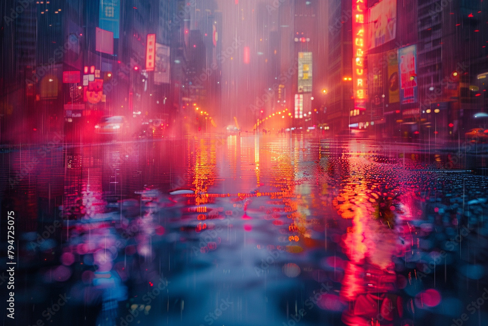 Neon-lit cityscape reflected in a shimmering pool of water, distorting the urban landscape into a surreal mirage of light and shadow.