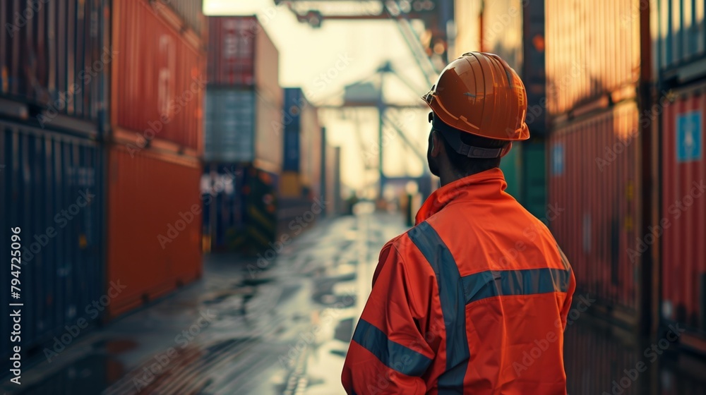 A worker in a safety vest and helmet overseeing a container freight yard at dusk. A worker in a safety vest and helmet overseeing a container freight yard at dusk.