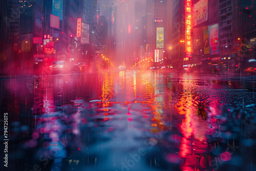 Neon-lit cityscape reflected in a shimmering pool of water  distorting the urban landscape into a surreal mirage of light and shadow.