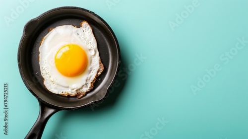 A perfectly cooked sunny side up egg in a cast iron skillet, presented on a turquoise background.