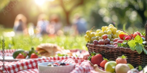 A close-up view of a picnic basket filled with fresh fruits on a sunny day  with a blurred family in the background.