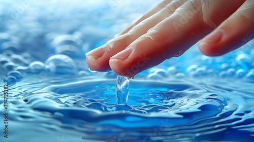 Generative AI : The finger touches the water, white and blue