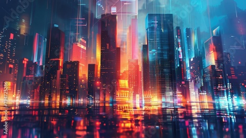 Futuristic cityscape with holographic skyscrapers photo