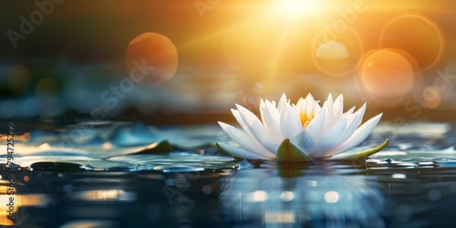 A single white water lily blooms on a peaceful pond at sunset with light flares.