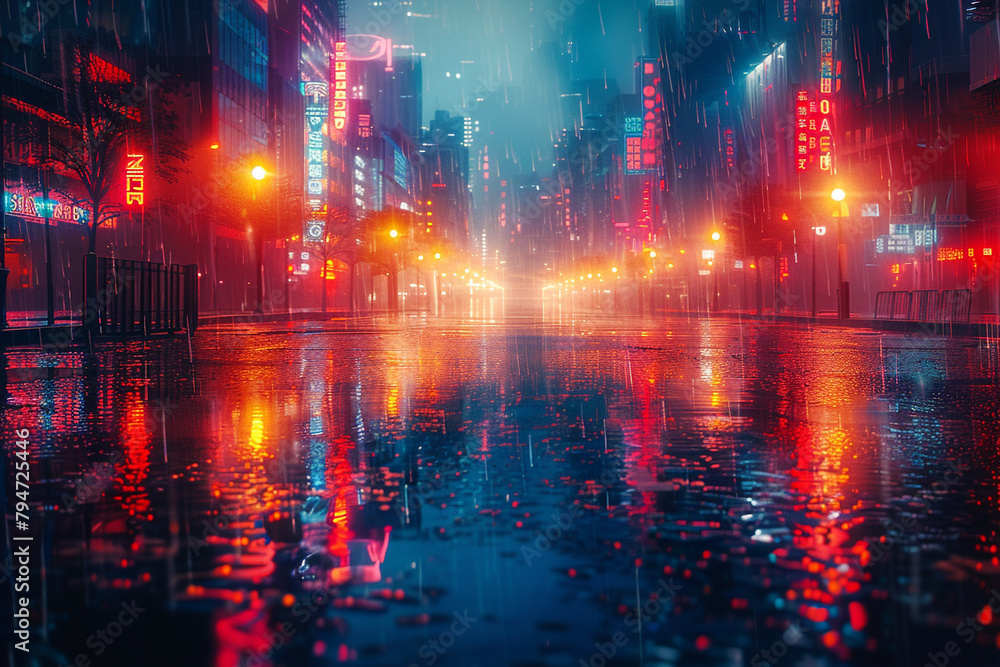 Neon-lit cityscape reflected in a shimmering pool of water, distorting the urban landscape into a surreal mirage of light and shadow in a surreal display of digital artistry.