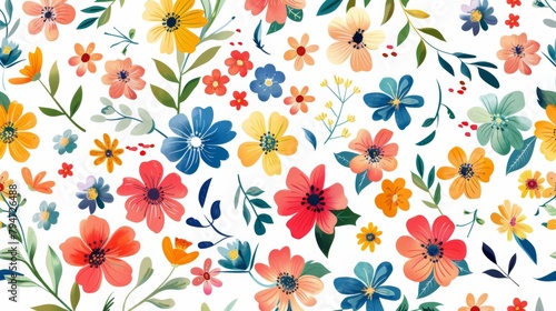 Abstract seamless pattern with colorful flowers and leaves