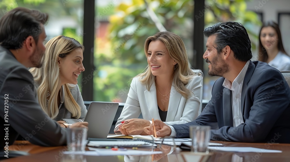 Generative AI : a team of four colleagues from Latin America, working in an office, sitting at a desk discussing a project together. Generative AI : a team of four colleagues from Latin America, working in an office, sitting at a desk discussing a project together.