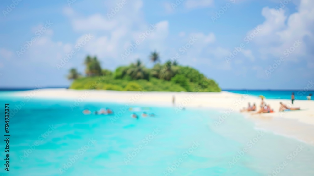 Out-of-focus image capturing a dreamy tropical beach atmosphere with tourists enjoying the sands. Out-of-focus image capturing a dreamy tropical beach atmosphere with tourists enjoying the sands.