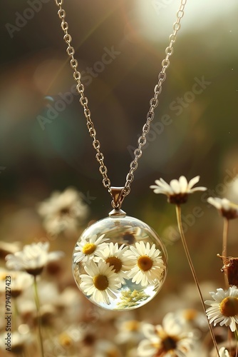 Generative AI : silver chain necklace with a Daisy and a glass pendant from the chandelier photo