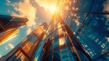 Generative AI : Moscow City skyscrapers, sun is reflecting on buildings' window, rich colors