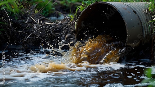 Wallpaper Mural Generative AI : Draining sewage from pipe into river, pollution rivers and ecology Torontodigital.ca