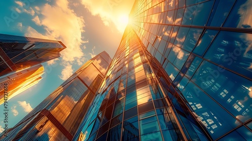 Generative AI : Moscow City skyscrapers, sun is reflecting on buildings' window, rich colors