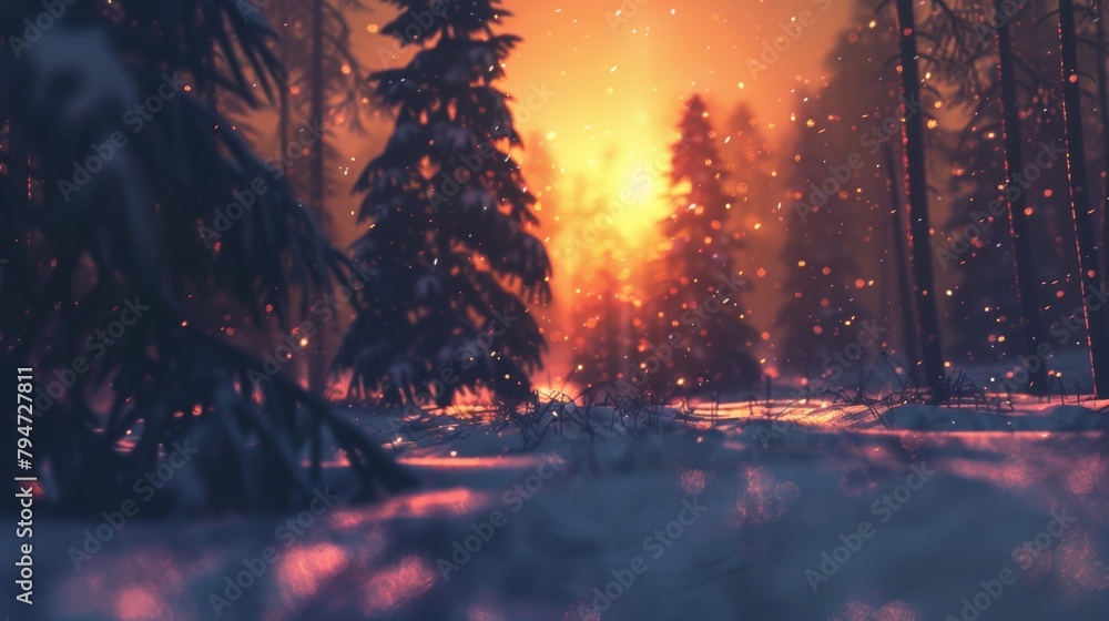 Captivating sunset over snow-covered pine trees in a serene forest.
