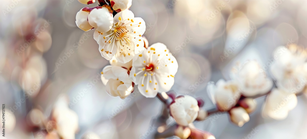 Delicate white spring blossoms in soft focus, with a blurred background.