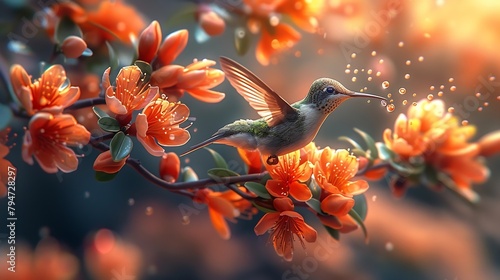 Generative AI : A closeup of a hummingbird in mid-flight, sips nectar from a flower