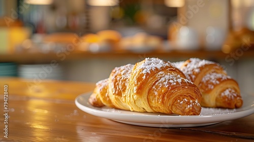 Generative AI : Freshly backed french croissant shiny in the rays of the morning  photo