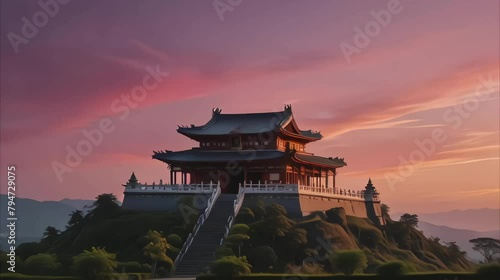 Wallpaper Mural Scenic temple on hill with green trees againts pink sunset dusk Torontodigital.ca