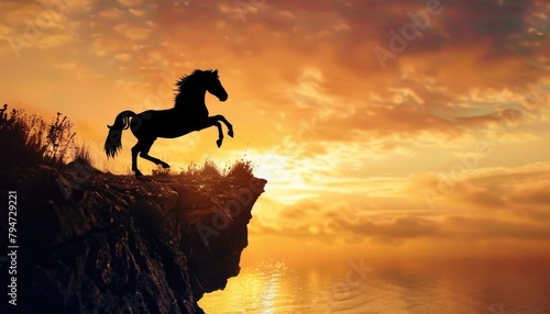 A horse is standing on a rocky cliff overlooking a body of water by AI generated image