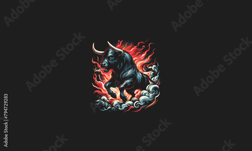 bull angry with flames and smoke vector design