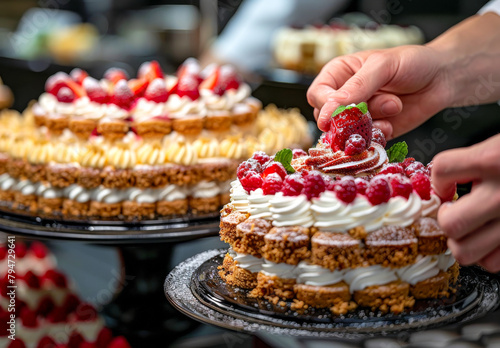 Decorating Gourmet Berry Topped Cakes in Patisserie.