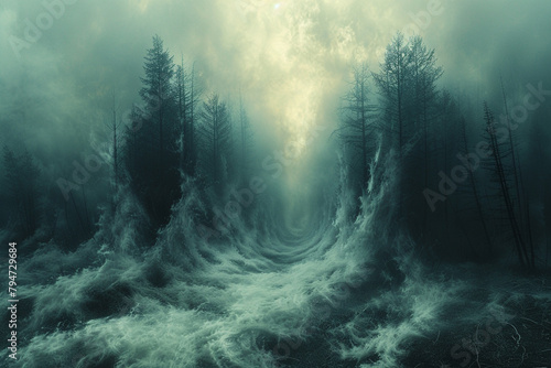 Translucent veils of mist enveloping a forest of abstract forms, shrouding the landscape in an ethereal cloak of mystery and wonder in a mesmerizing display of digital creativity. photo
