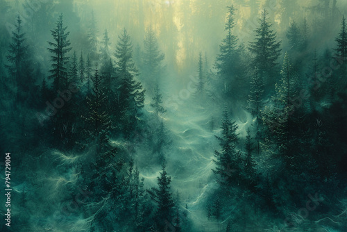 Translucent veils of mist enveloping a forest of abstract forms, shrouding the landscape in an ethereal cloak of mystery and wonder.