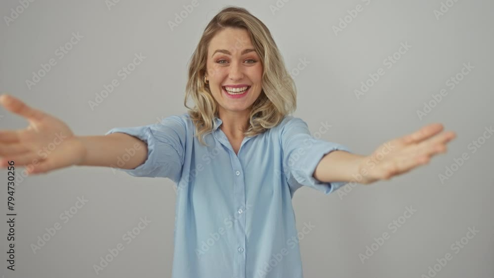 Joyful young blonde woman fashioning a shirt, arms wide open offering a hug! smiling at the camera, full of happiness on a white isolated background. Joyful young blonde woman fashioning a shirt, arms wide open offering a hug! smiling at the camera, full of happiness on a white isolated background.