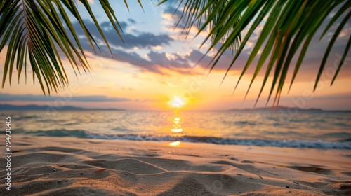 Sunset on a peaceful beach with palm tree silhouette and waves gently lapping the sandy shore.