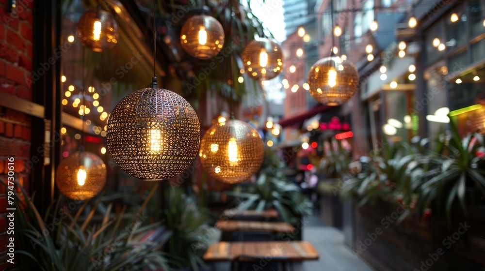 Warm glowing lights in a cozy outdoor cafe setting during evening time with a bokeh effect.