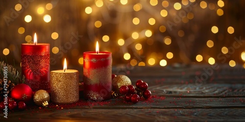 Illuminated Christmas candles with golden glimmer among festive decorations.