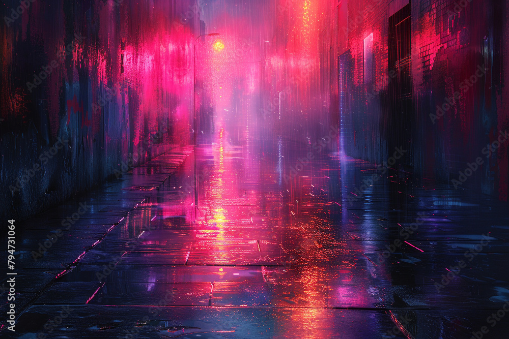 Digital rain cascading down a neon-lit alleyway, reflecting the urban landscape in a shimmering cascade of light and shadow in a surreal display of digital artistry.