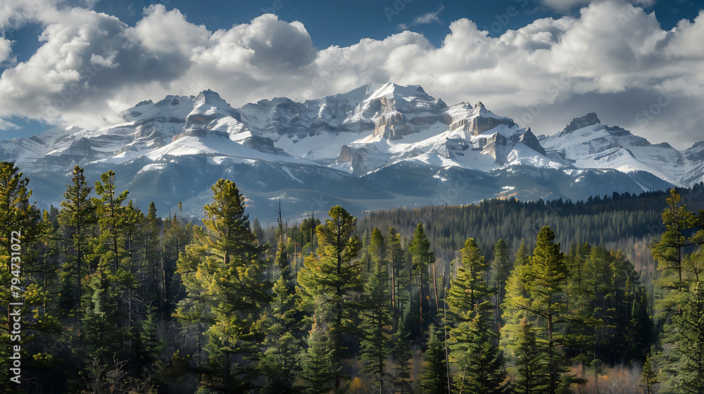 snow - capped mountains tower over a lush forest of tall green trees under a clear blue sky with a snow - capped mountains tower over a lush forest of tall green trees under a clear blue sky with a
