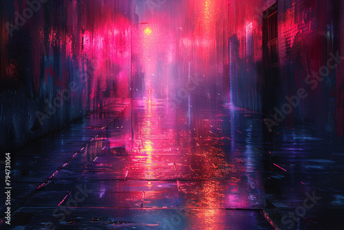 Digital rain cascading down a neon-lit alleyway  reflecting the urban landscape in a shimmering cascade of light and shadow in a surreal display of digital artistry.