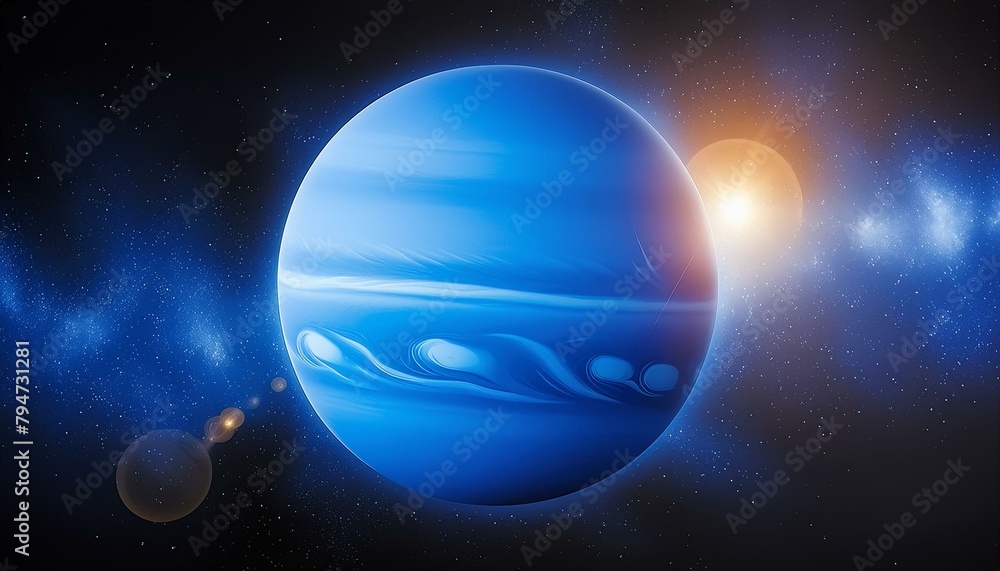 Planet Neptune isolated on black background, sun with craters and stars as outerspace of earth - obrazy, fototapety, plakaty 