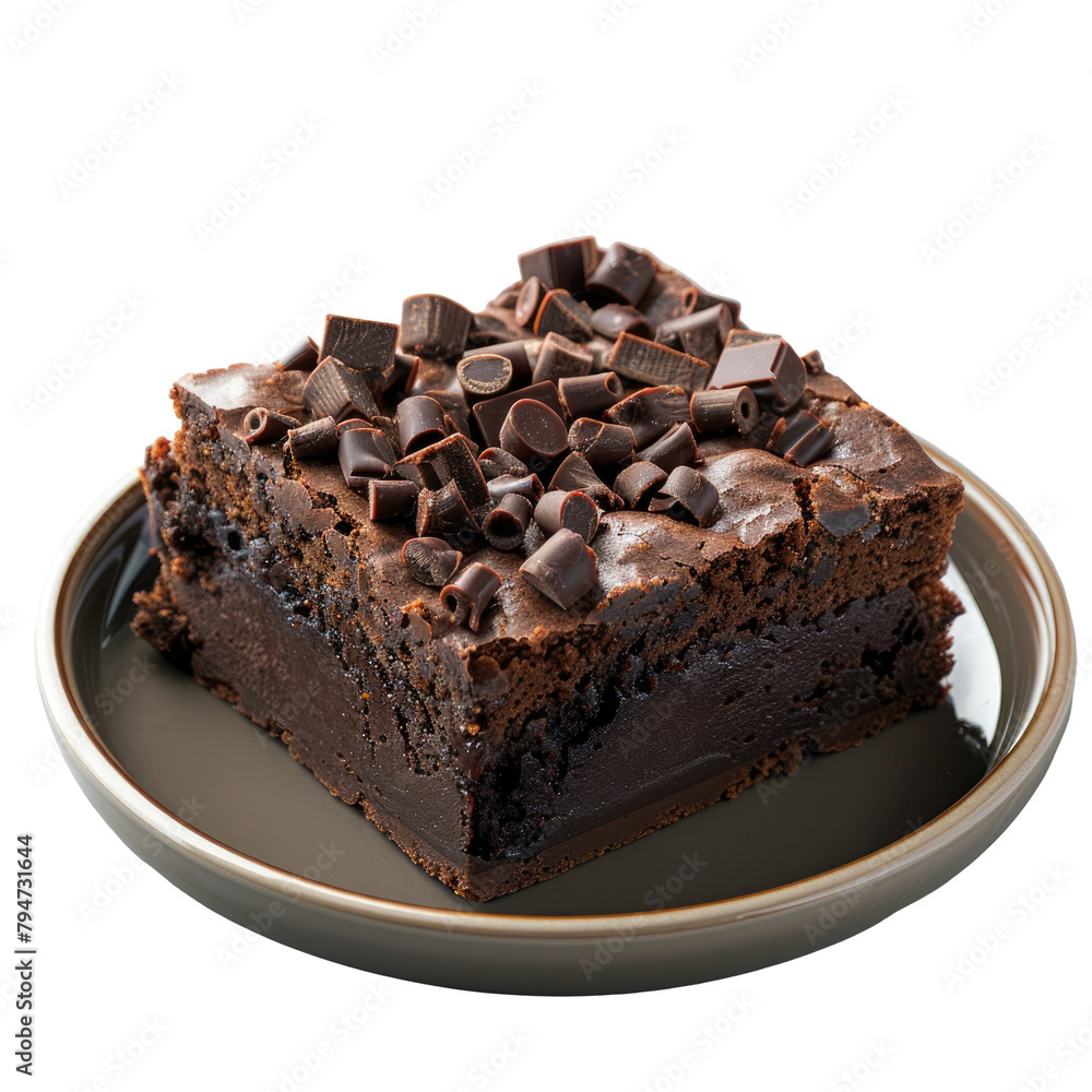 A scrumptious brownie dessert topped with luscious chocolate sitting elegantly on a plate against a subtle gray backdrop beautifully isolated on transparent background A scrumptious brownie dessert topped with luscious chocolate sitting elegantly on a plate against a subtle gray backdrop beautifully isolated on transparent background