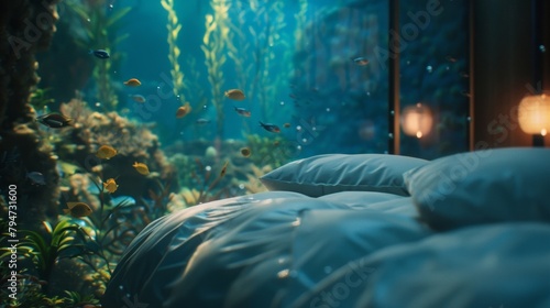 Wake up feeling rejuvenated and refreshed after a magical nights sleep in a serene underwater hotel room at Neptunes Cradle Rock. 2d flat cartoon. photo