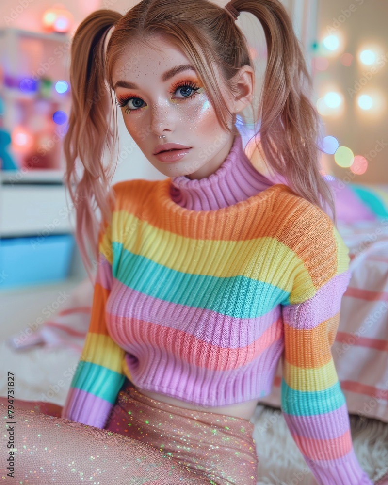 This image captures a stylish young woman with freckles in a pastel-striped sweater, embodying a youthful and fashionable aesthetic - obrazy, fototapety, plakaty 
