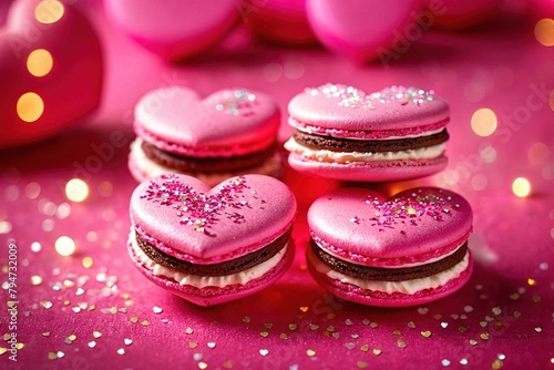 Pink heart shaped macroons with sparkles, romantic valentines dessert