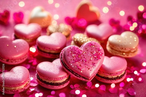 Pink heart shaped macroons with sparkles, romantic valentines dessert