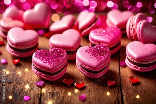 Pink heart shaped macroons with sparkles, romantic valentines dessert © Kheng Guan Toh