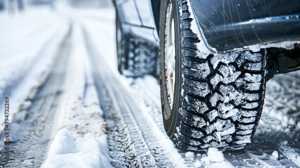Close-up view of a car tire on a snow-covered road, showcasing winter driving conditions and tire tread. Close-up view of a car tire on a snow-covered road, showcasing winter driving conditions and tire tread.