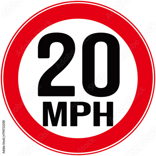 A road sign that means : maximum  speed 20 mph. miles per hour . 20 mph
