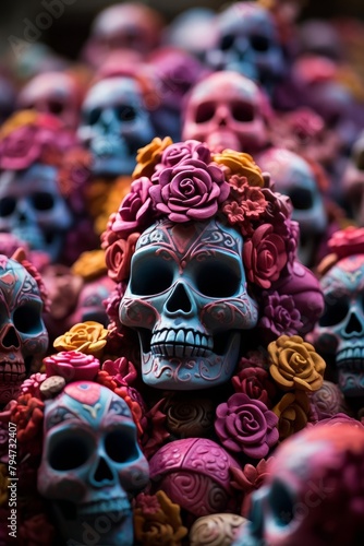 A close up of a colorful skull with pink and blue flowers.