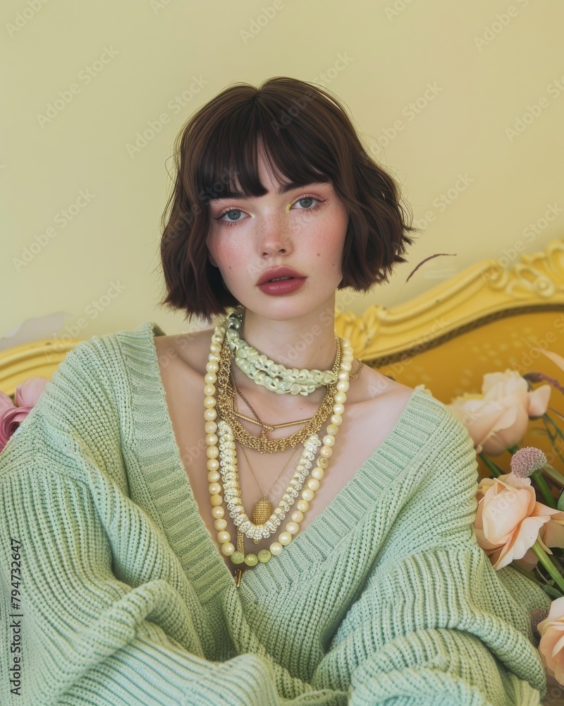 Woman with short bob haircut wearing a green knit sweater and layered pearl necklaces - obrazy, fototapety, plakaty 