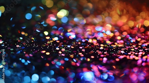 a few rainbow sparkles scattered on a mostly solid black background, abstract, glitter, magical photo