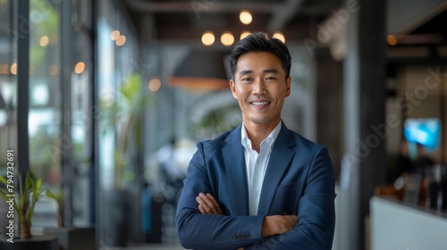 A young Asian businessman in a suit is smiling and posing for a picture