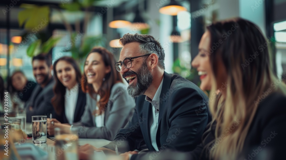 A group of people are sitting around a table, smiling and laughing A group of people are sitting around a table, smiling and laughing