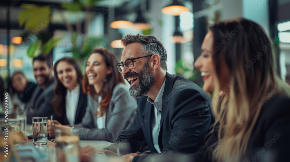 A group of people are sitting around a table, smiling and laughing