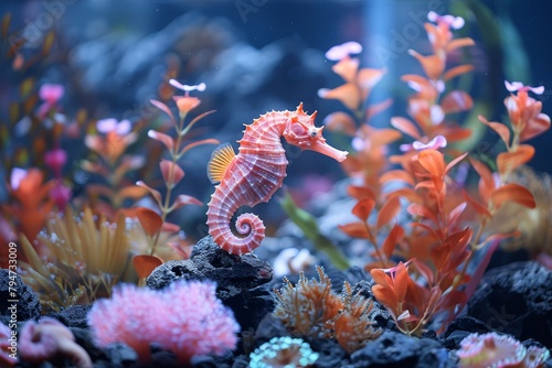 A beautiful aquarium with a seahorse and lovely decorations.